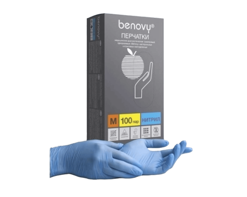 Перчатки нитриловые BENOVY М, 100 пар, голубые.