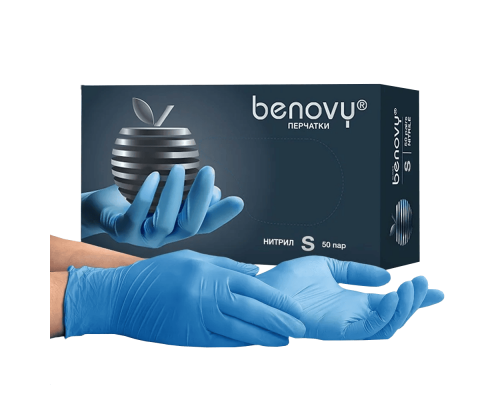 Перчатки нитриловые BENOVY S 50 пар голубые.